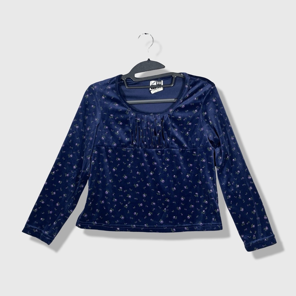 Disorderly Kids Top Kids L Blue Floral Velvet Y2K Coquette Aesthetic Reneissance